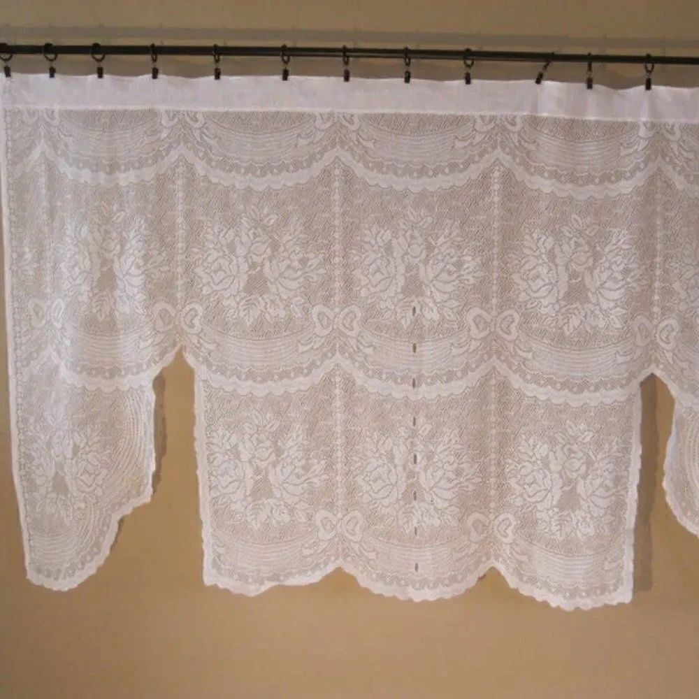 Curtain Lace Valance Flowers 59" x 34.5" White VTG
